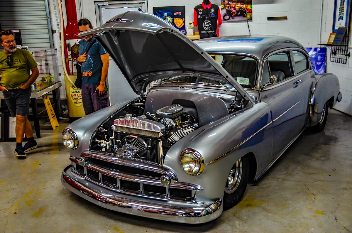 A classic coupe under restoration inside the Beach Boy workshop