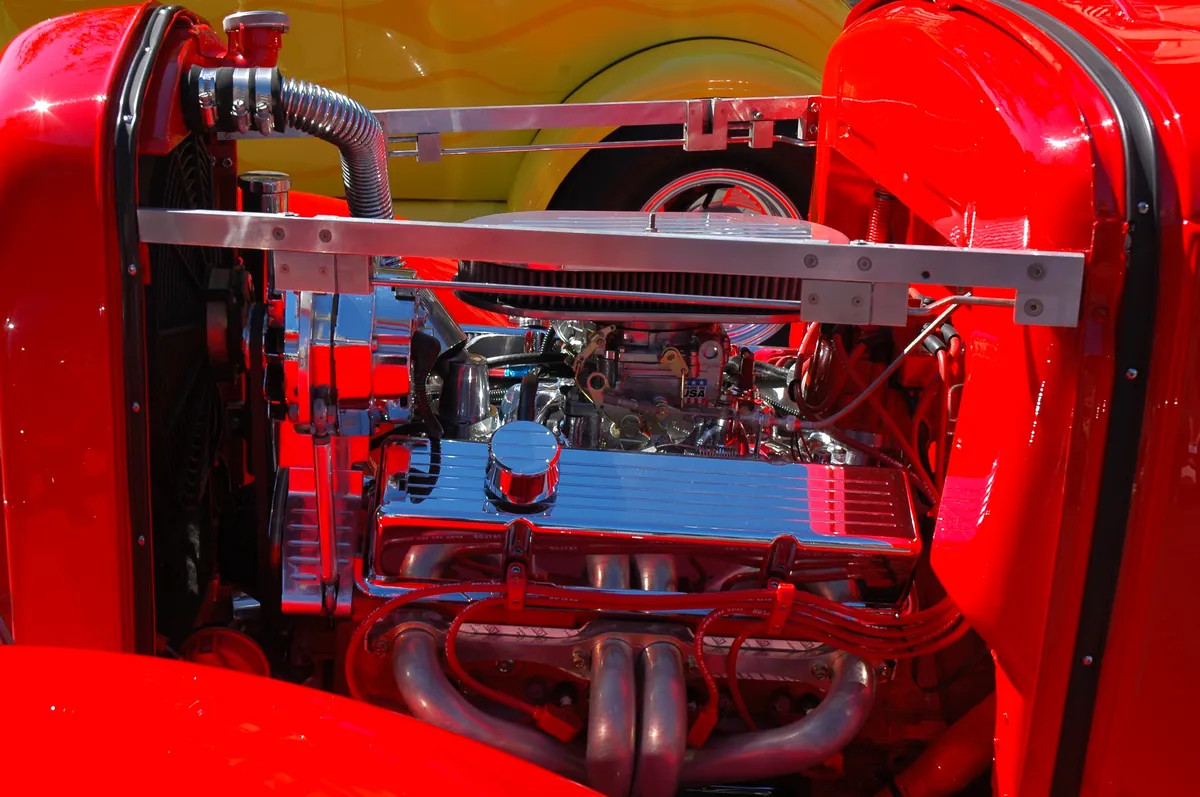 A detailed classic engine bay with polished components